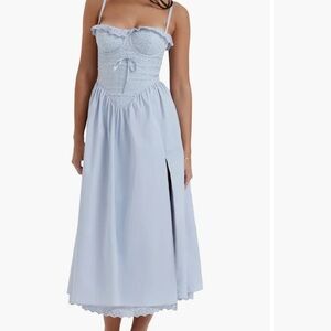 House of CB Blue Smocked Midi Dress with Sweetheart Neckline